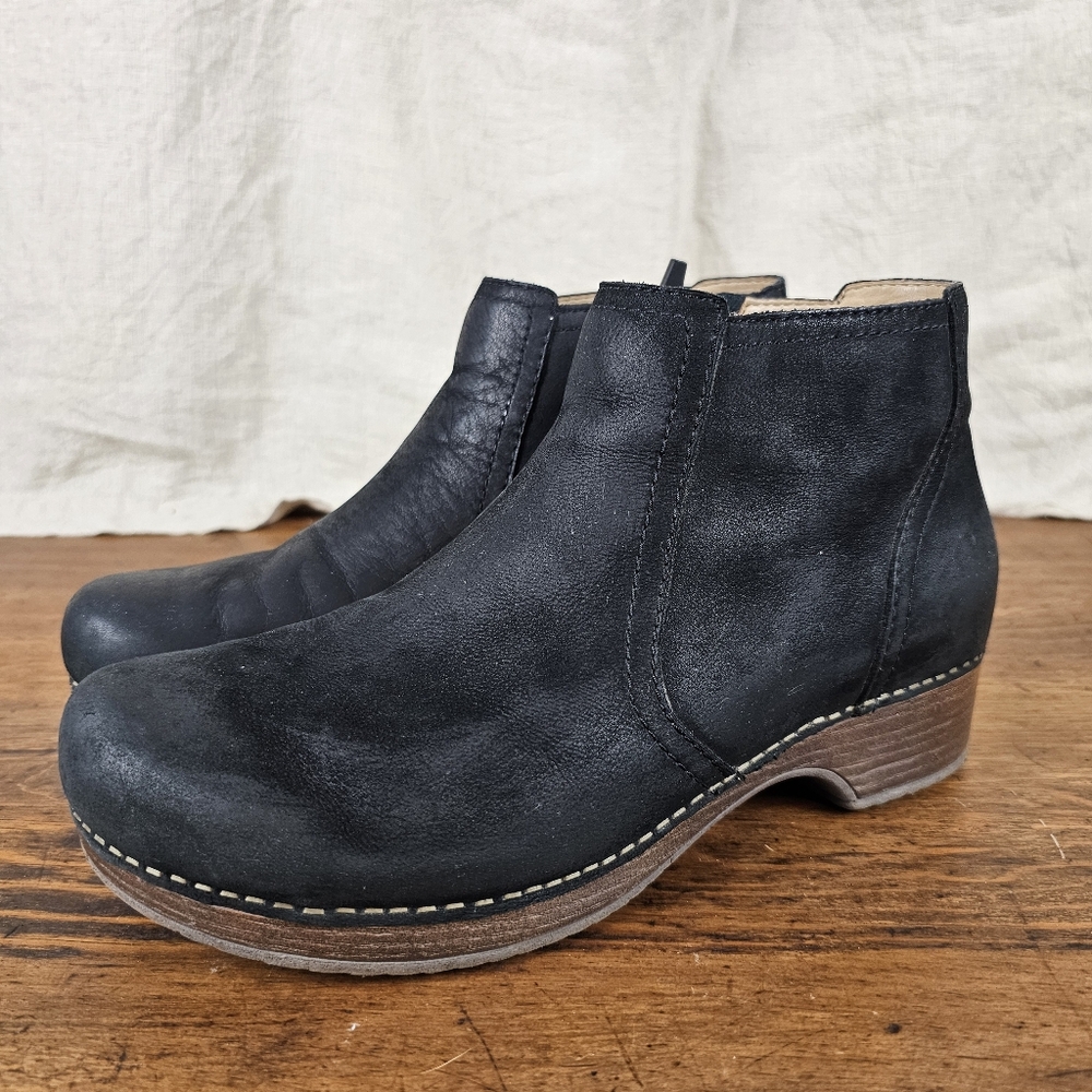 Dansko Black Leather Barbara Ankle Boots Nubuck Wedge Heel Clog Bootie